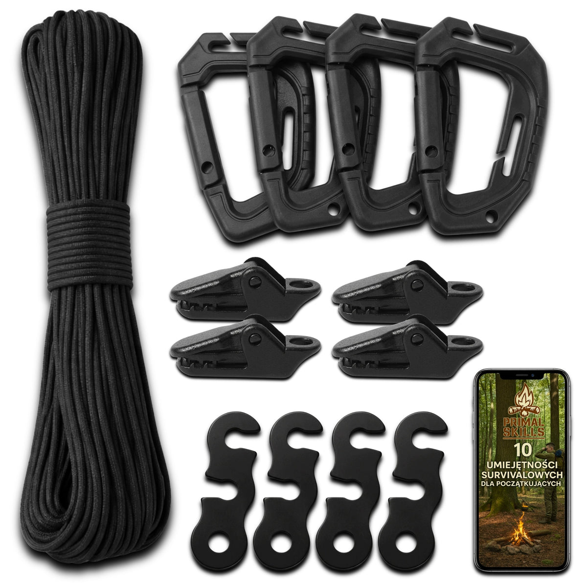 Survival Set Drawstring Paracord Carabiners Clips Tensioners Accessories