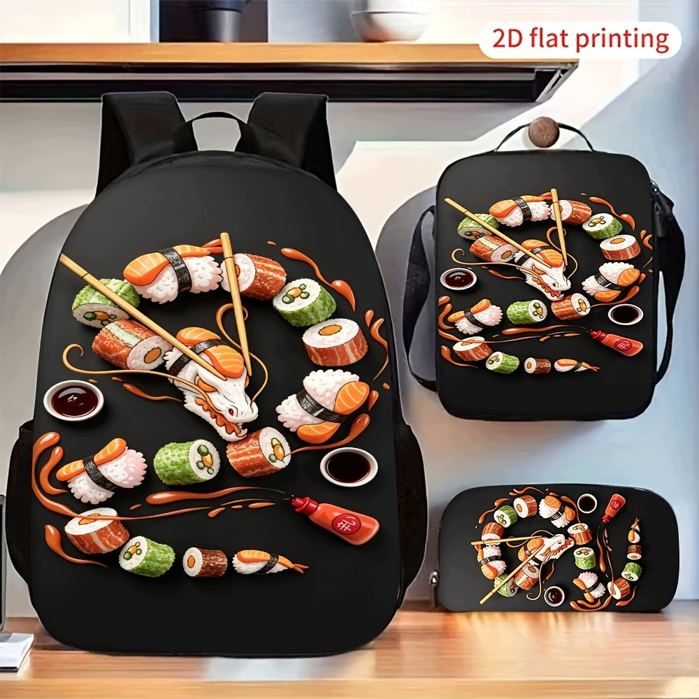 Sushi Pattern Backpack Set with Lunch Bag and Pencil Case - Lightweight Travel