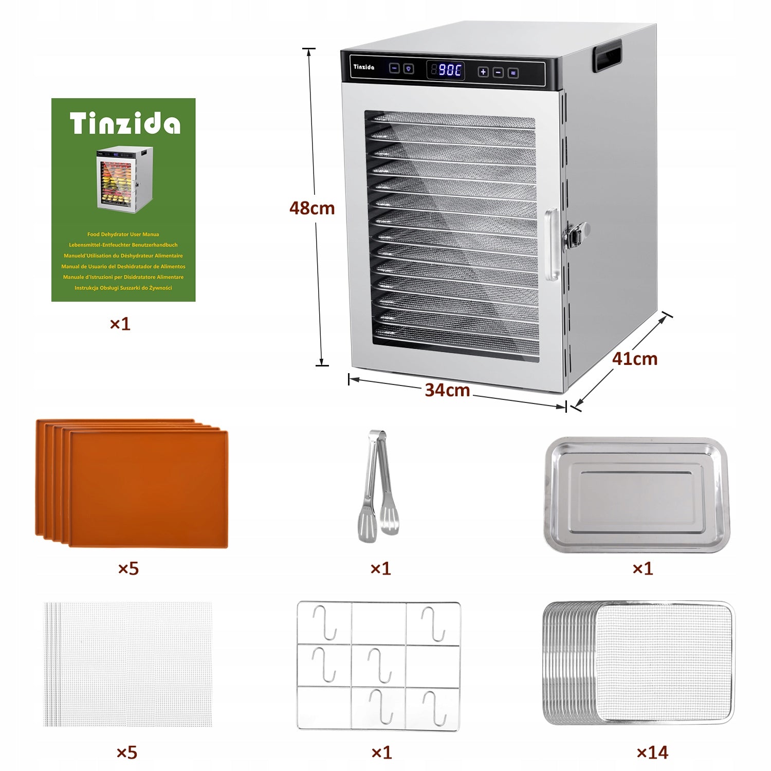 Suszarki żywności Stal nierdzewna 1000 W Tinzida Dehydrator TZD-14C 14 tac Packaging status original