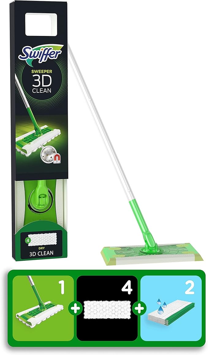 Swiffer 3D Starter Pack Flat Mop + Cartridges 4 Dry 2 Wet