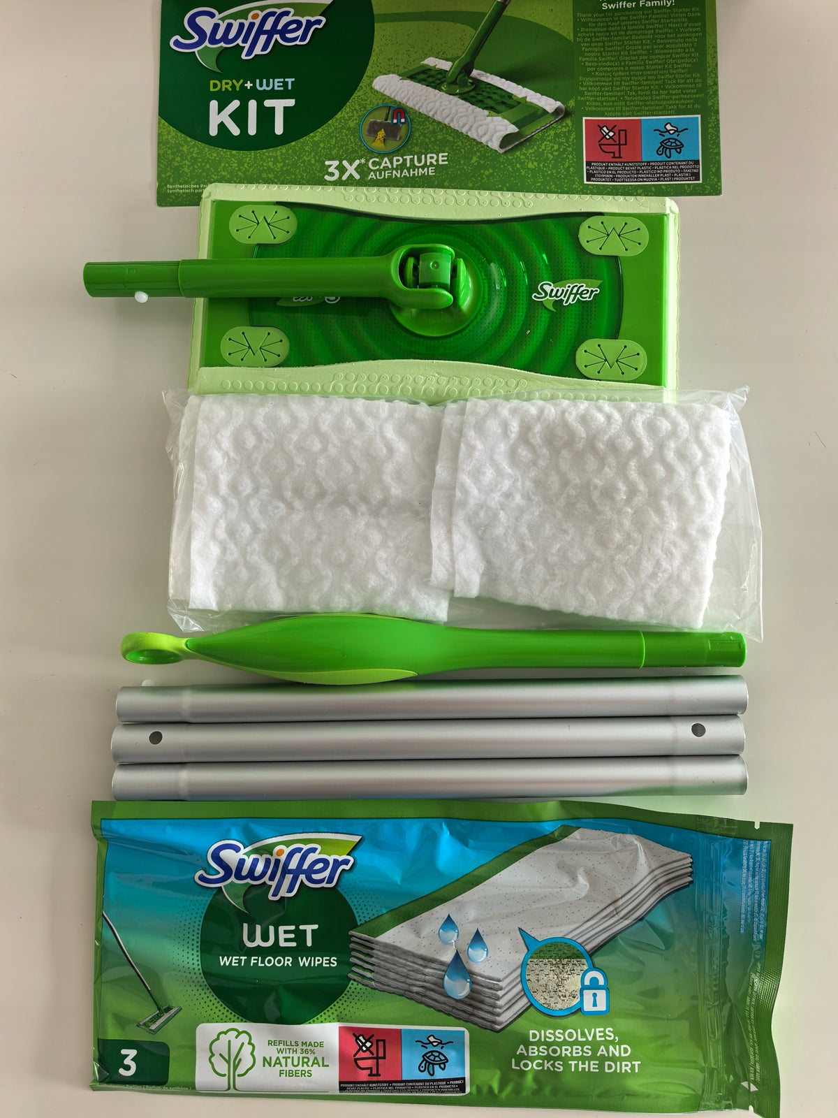 Swiffer Dry Wet starter Kit Mop set stick+handle +6 dry mop +3 wet mop Packaging status original