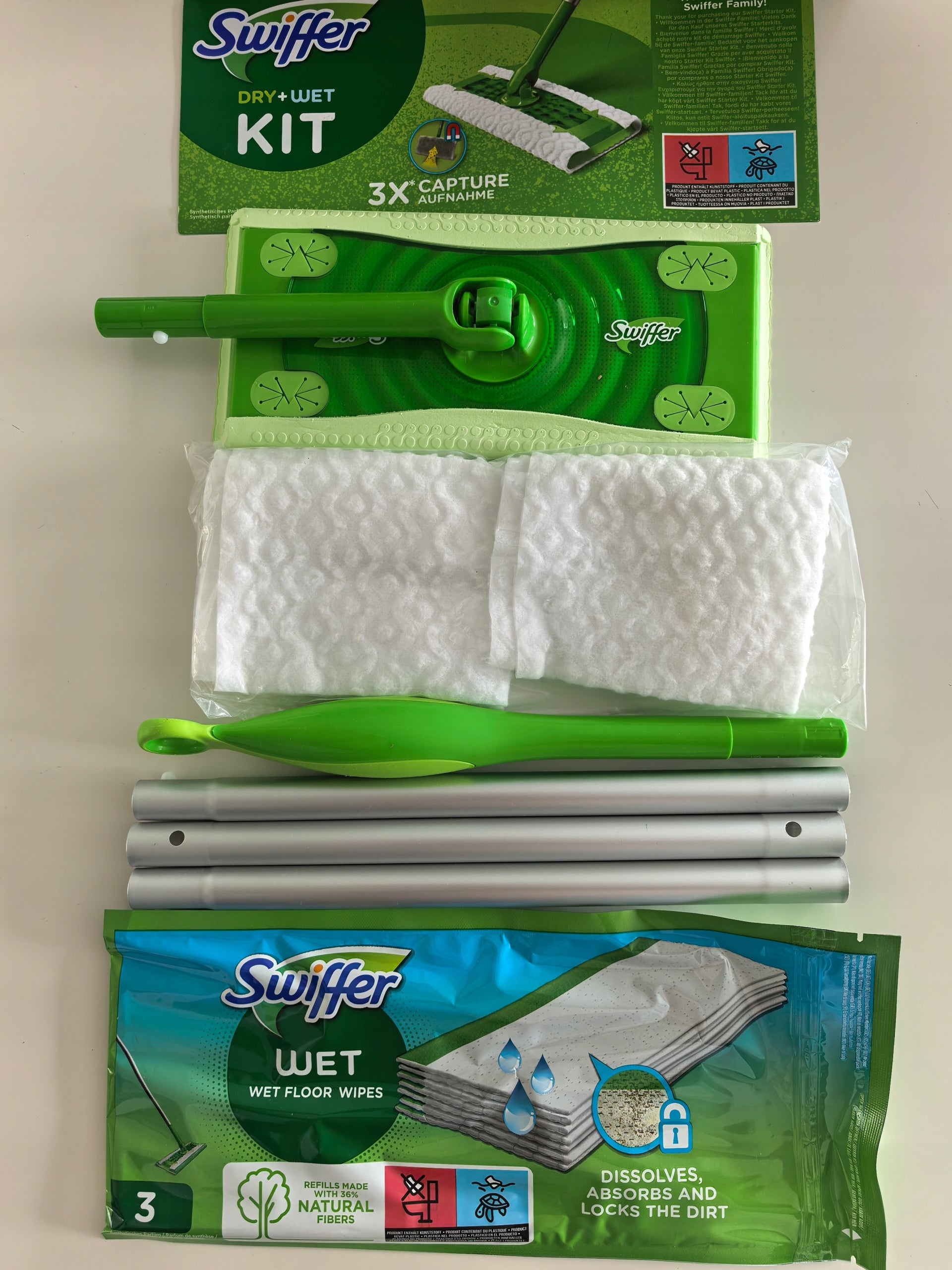 Swiffer Dry Wet starter Kit Mop set stick+handle +6 dry mop +3 wet mop Packaging status original