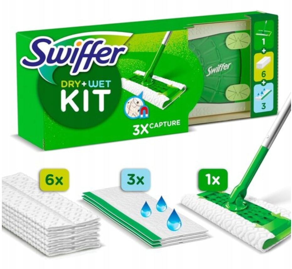 Swiffer Dry Wet starter Kit Mop set stick+handle +6 dry mop +3 wet mop