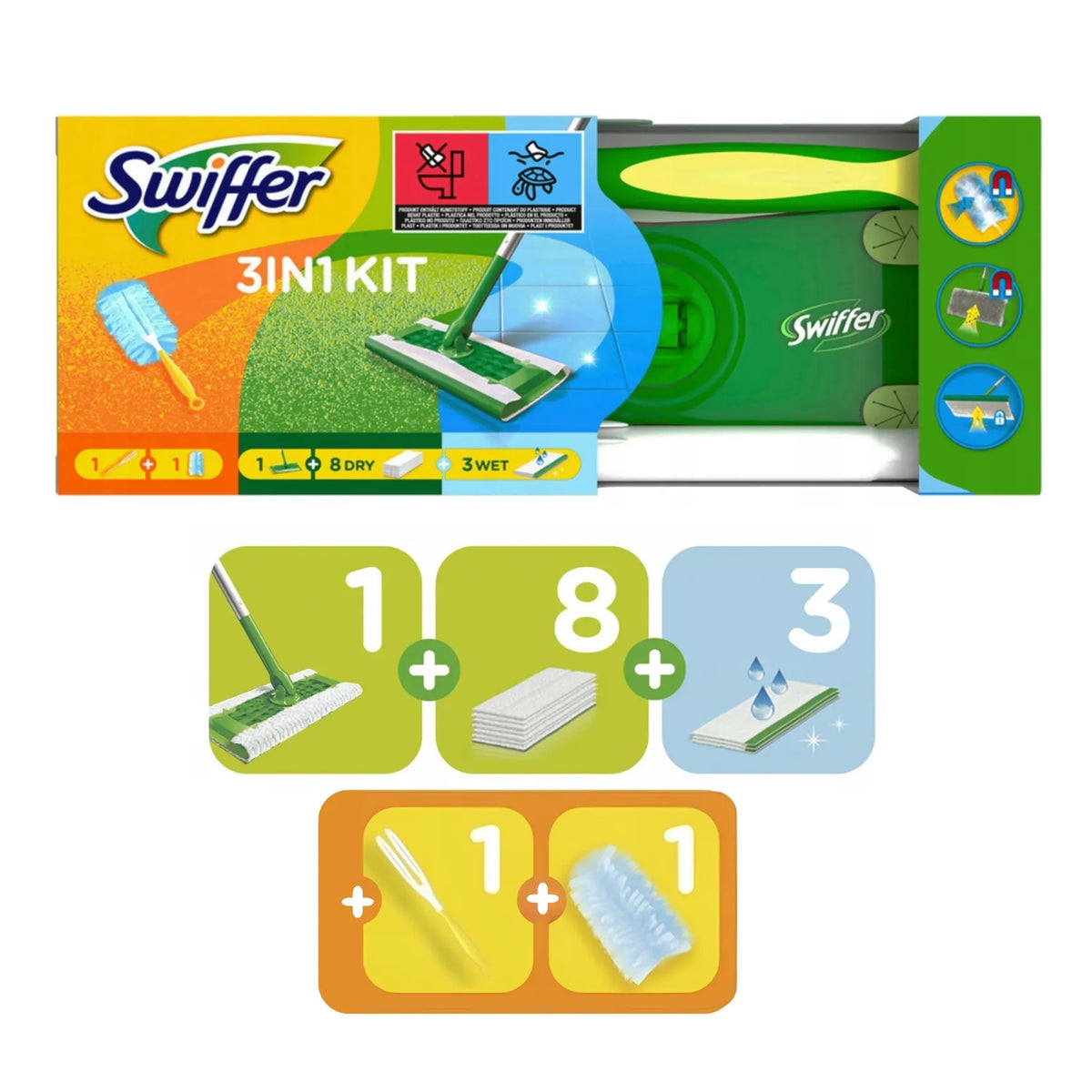 Swiffer Flat mop + duster for dust + dry and wet cloths set large Brand Swiffer