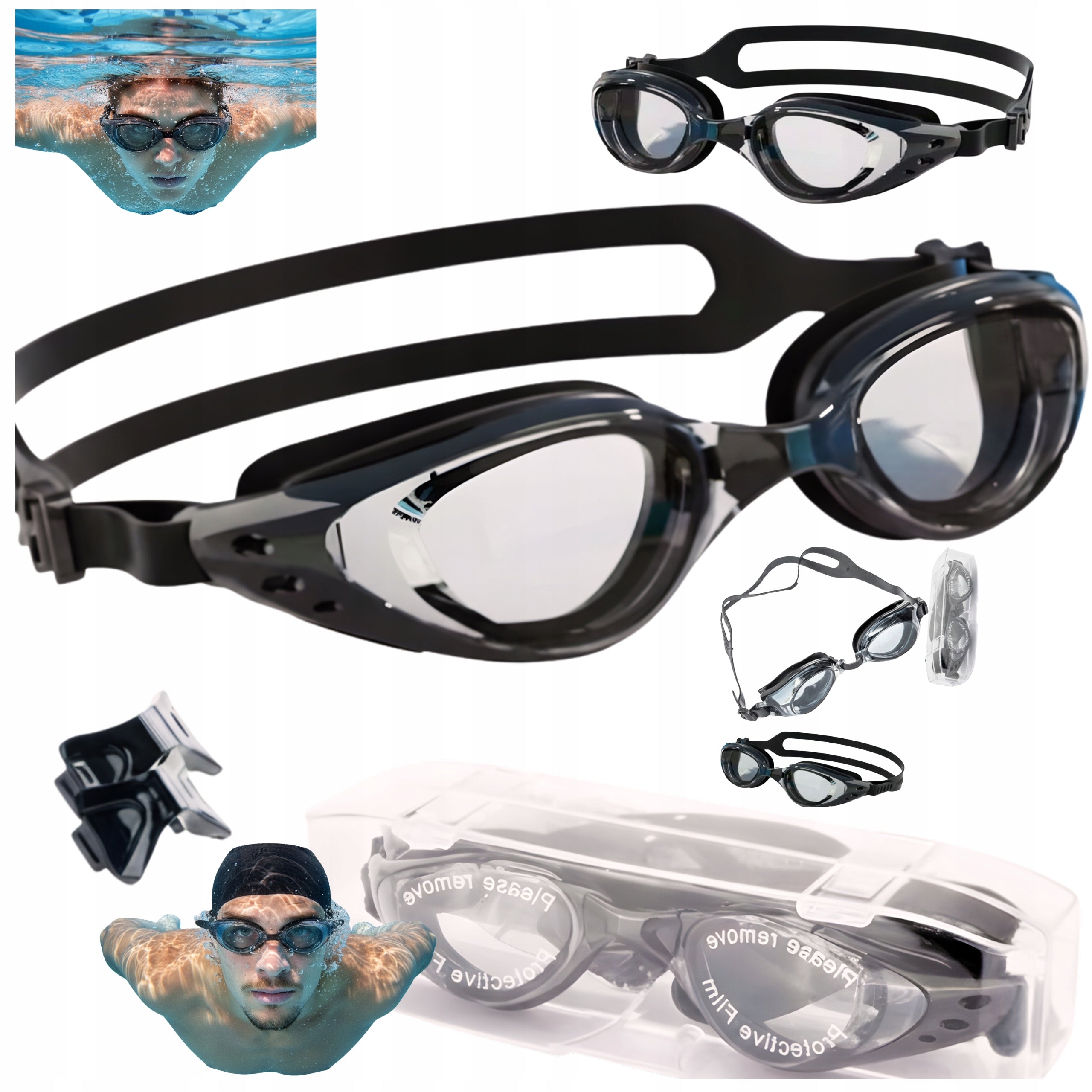 Swimming Pool Glasses Anti Fog Pouch Comfort Silicone Adjustable Strap