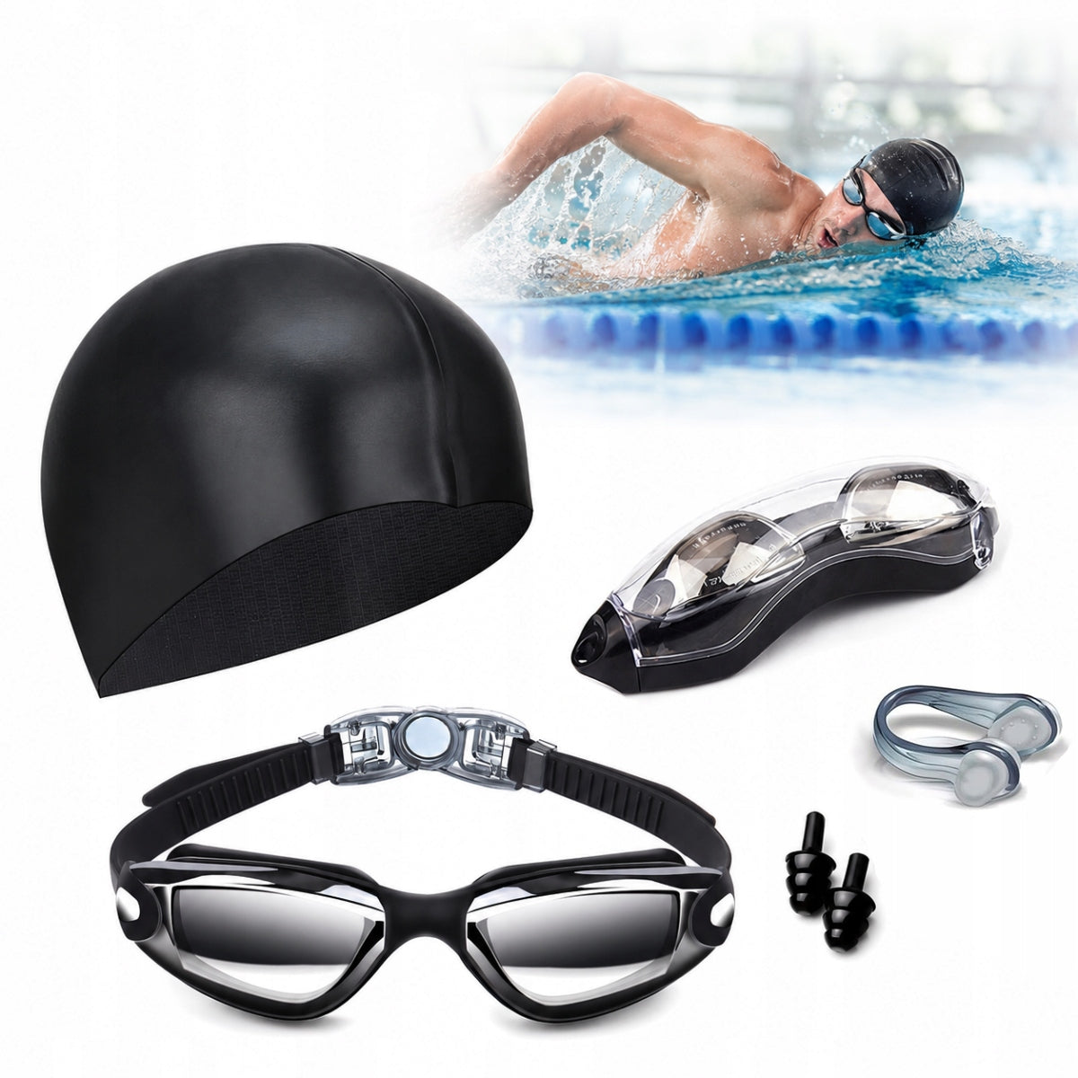 Swimming Set Swimming Glasses For Swimming Pool + Cap + Ear Plugs