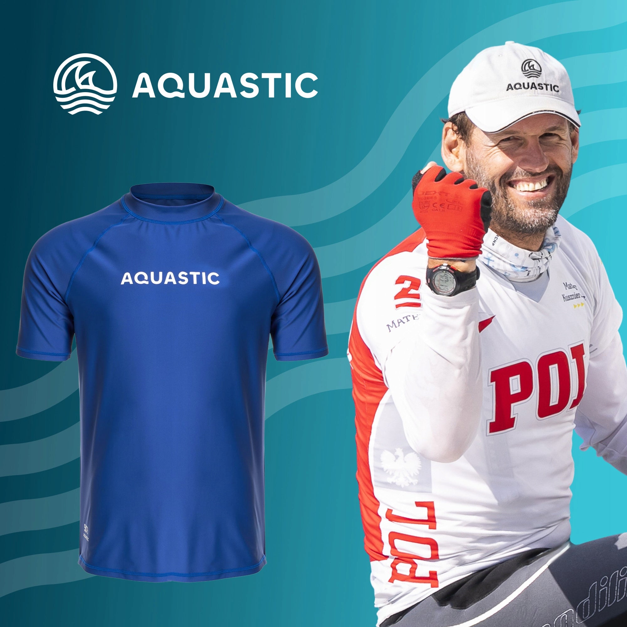 Swimming shirt AQUASTIC polyamide blue short sleeve UPF 50+ L Brand Aquastic