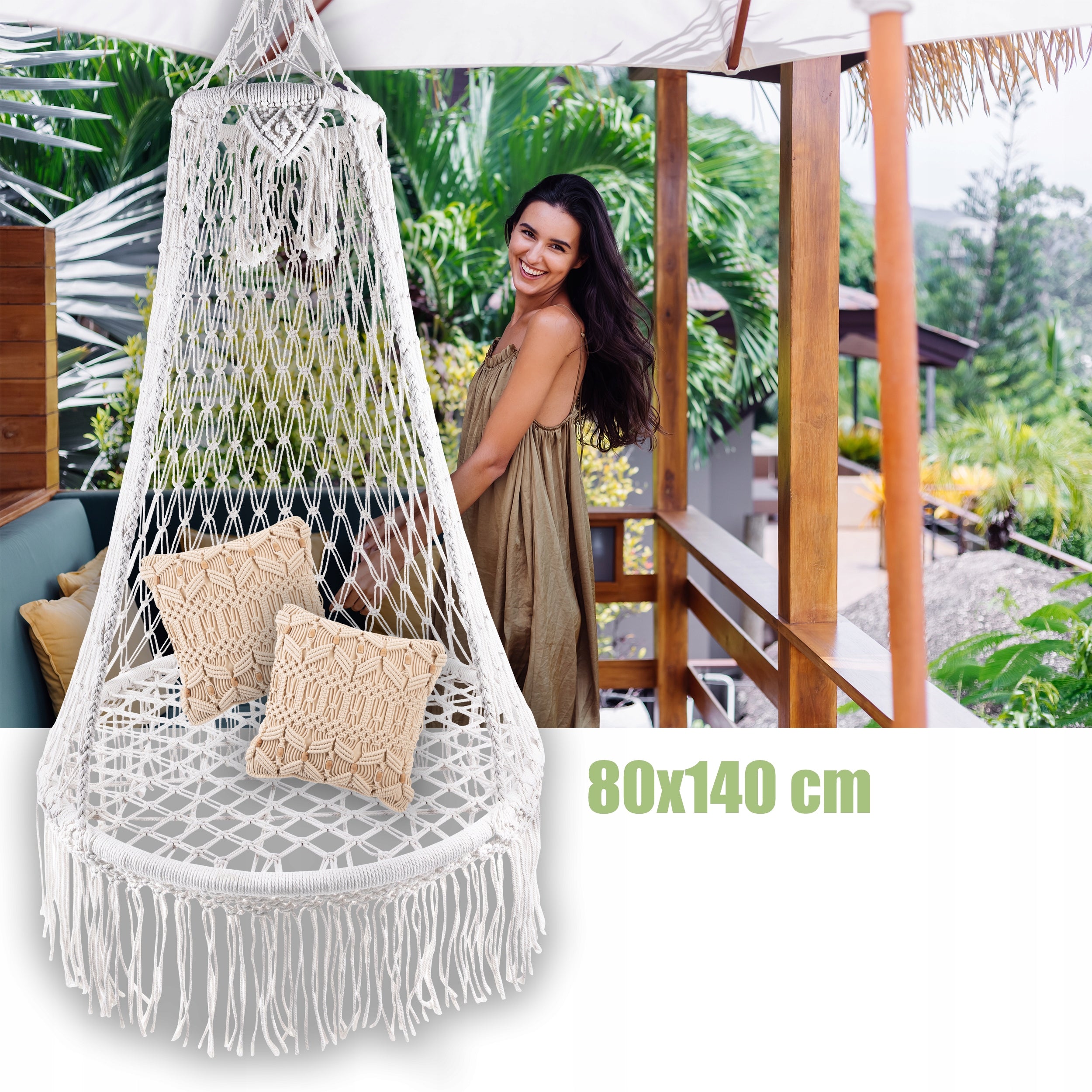 Swing Armchair Round Hanging Braided With Canopy Cocoon 120kg Seat length 80 cm