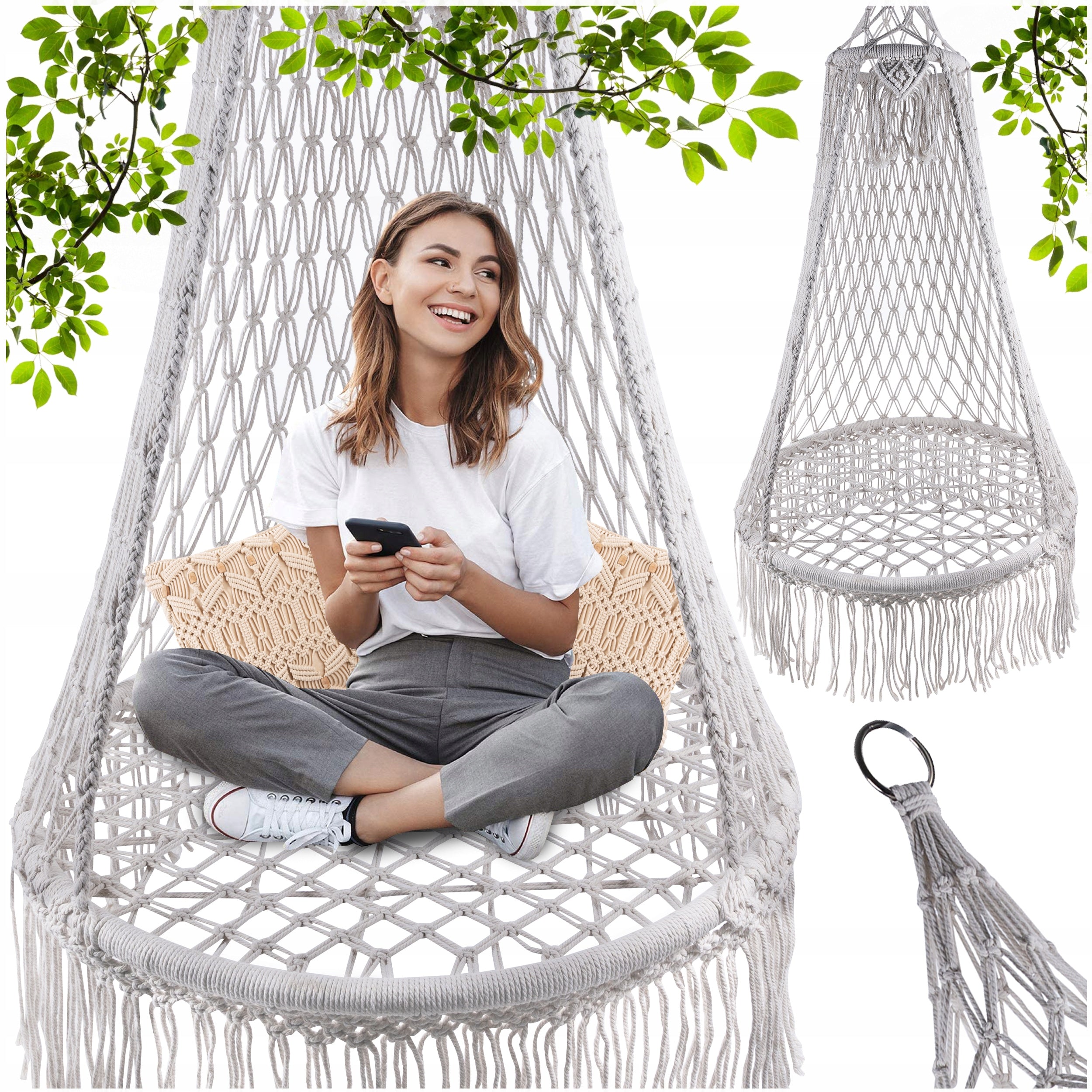 Swing Armchair Round Hanging Braided With Canopy Cocoon 120kg
