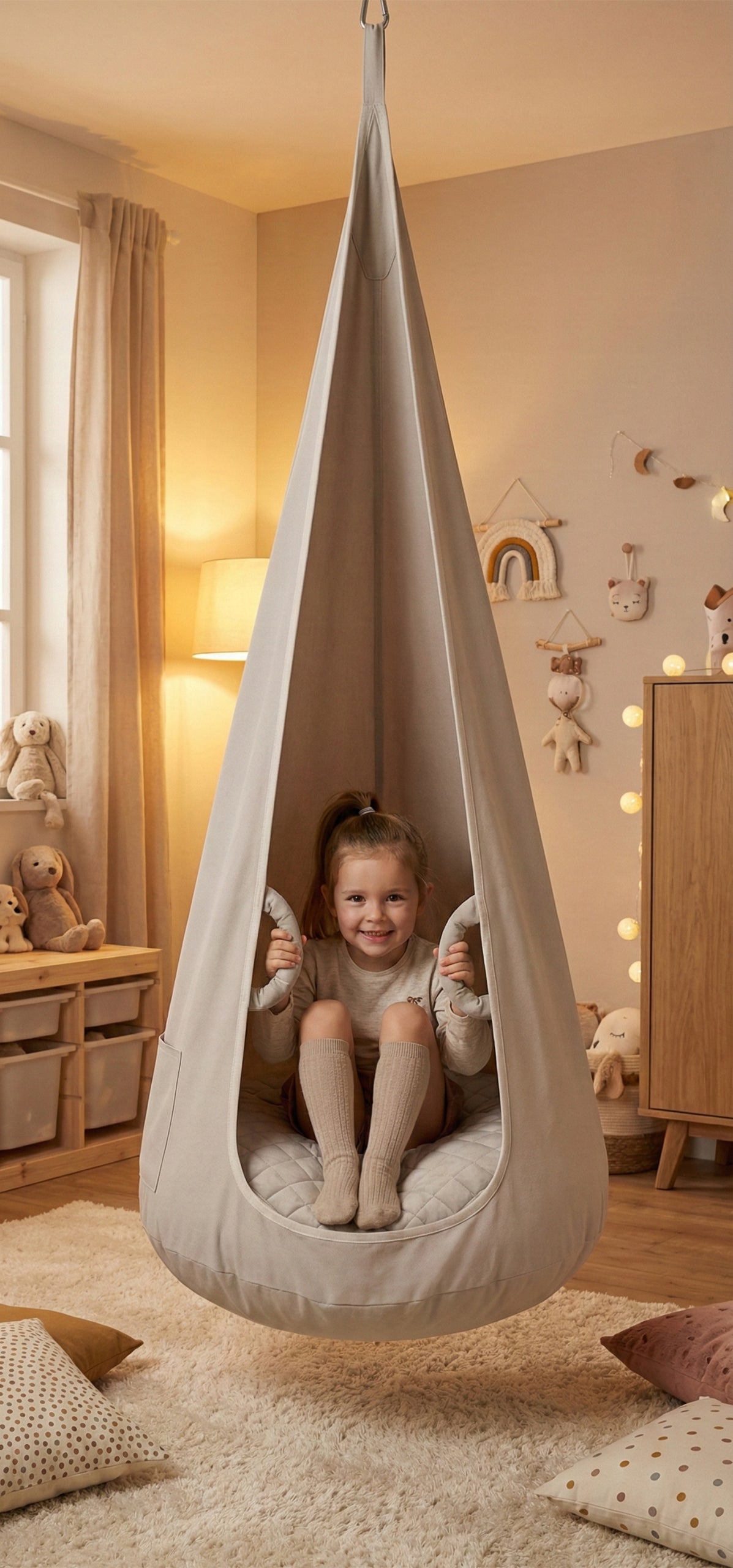 Swing KOKON for children VELVET armchair hanging chair BEIGE XXL Kid's age 3＋ years