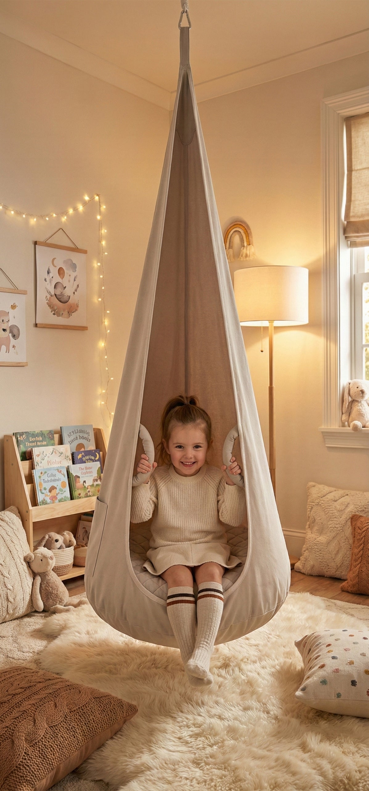 Swing KOKON for children VELVET armchair hanging chair BEIGE XXL Max. weight load 60 kg