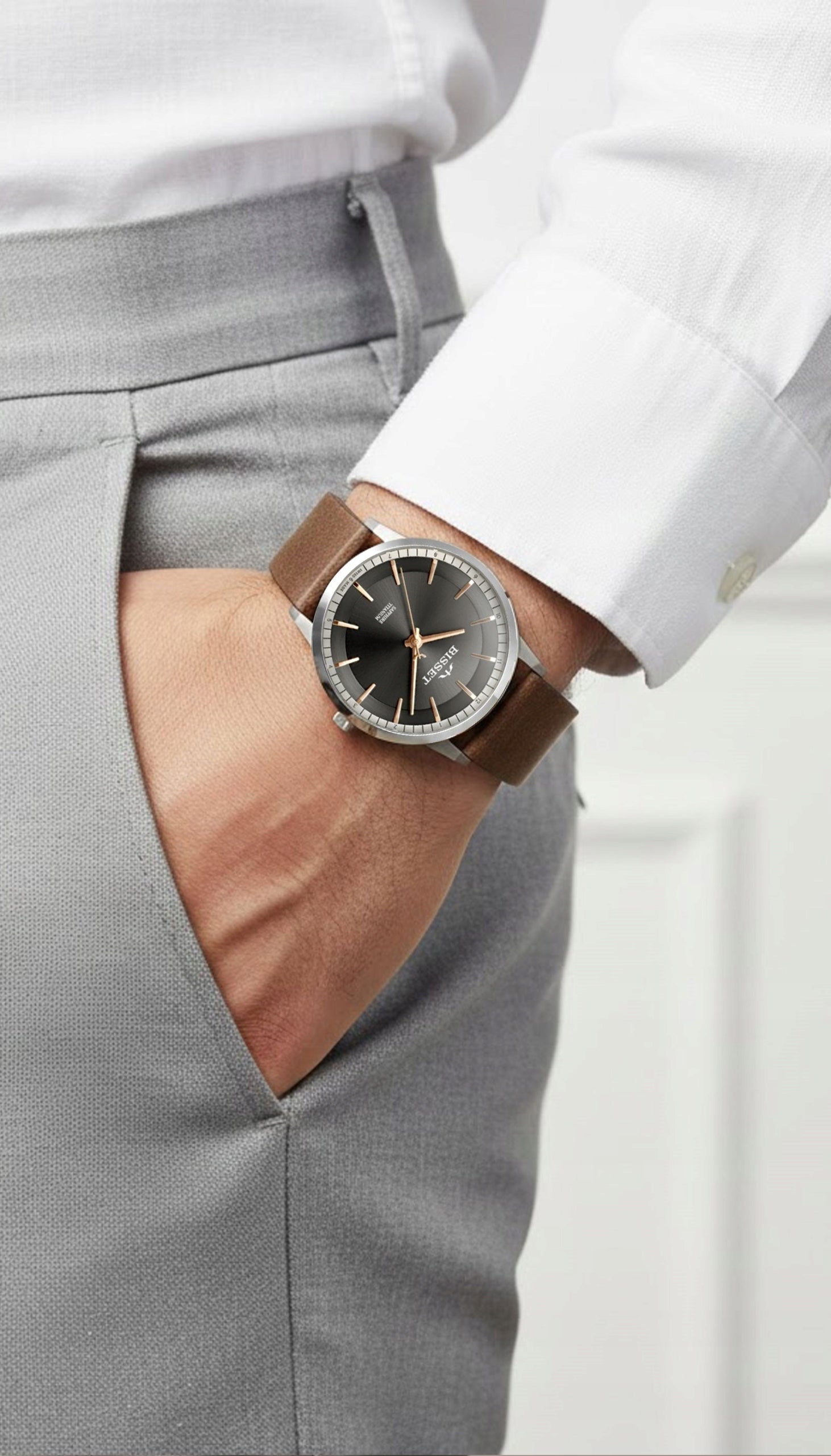 Swiss Men's Watch Bisset Titanium Leather Strap SAPPHIRE + ENGRAVING Brand Bisset