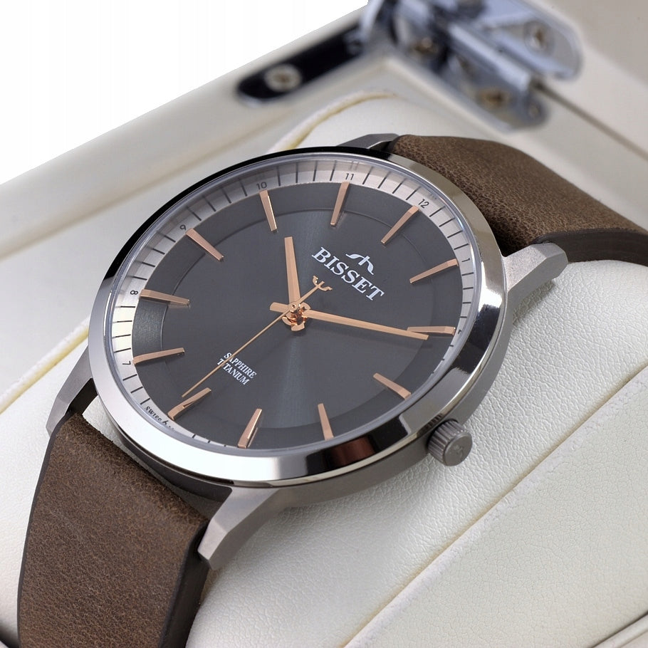 Swiss Men's Watch Bisset Titanium Leather Strap SAPPHIRE + ENGRAVING EAN (GTIN) 5905258700212