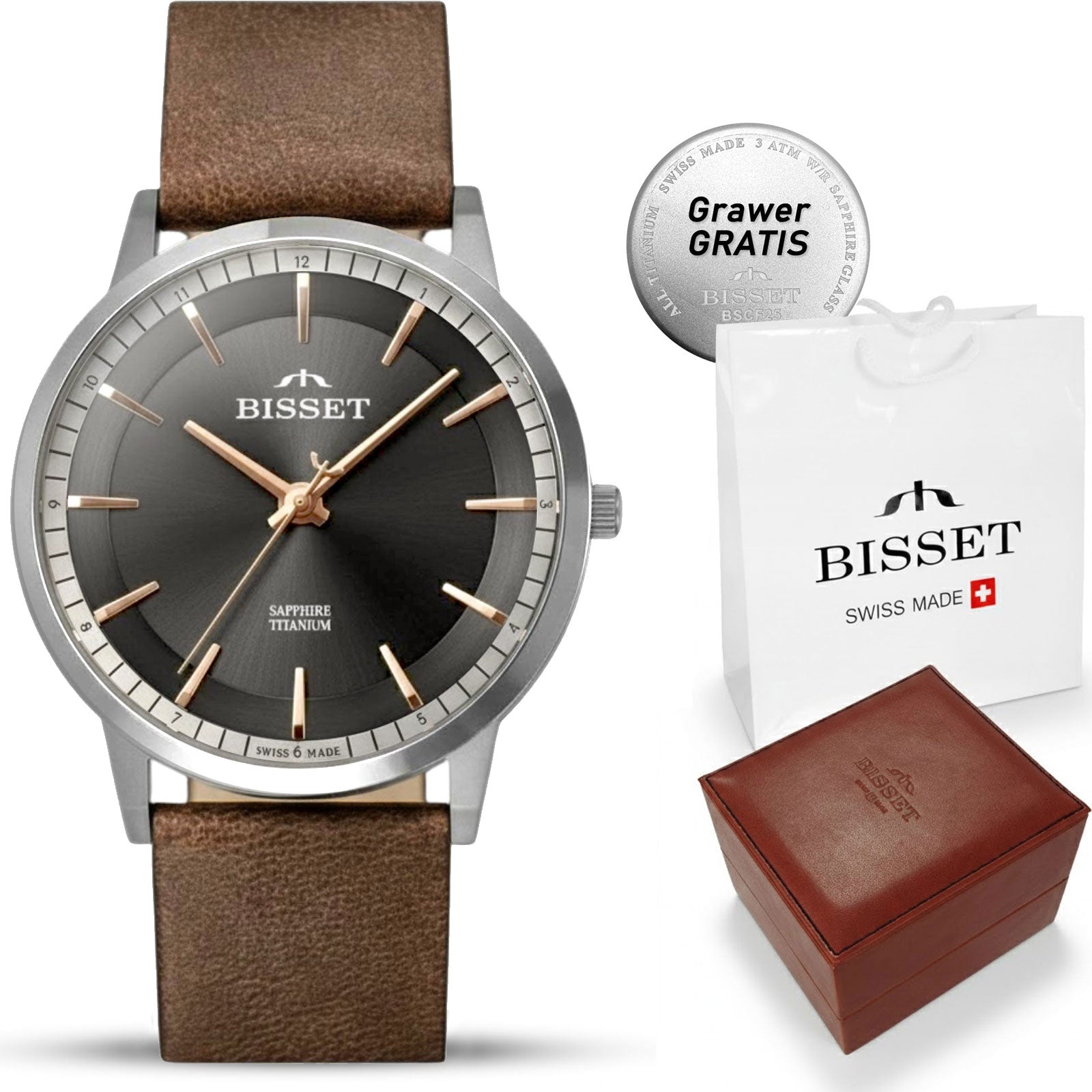 Swiss Men's Watch Bisset Titanium Leather Strap SAPPHIRE + ENGRAVING