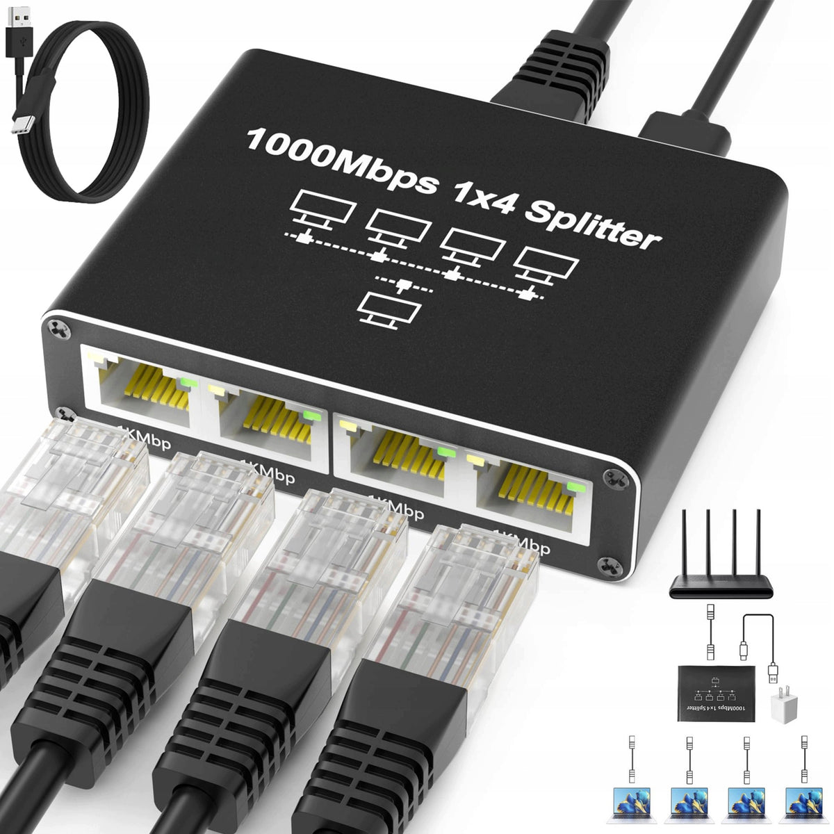 Switch 4x LAN Splitter 4 Ports Gigabit Ethernet RJ45 1000MB for Internet
