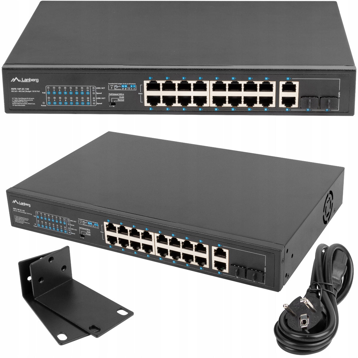 Switch RACK 16x 100Mb PoE+/2x Combo LANBERG Unmanaged 150W