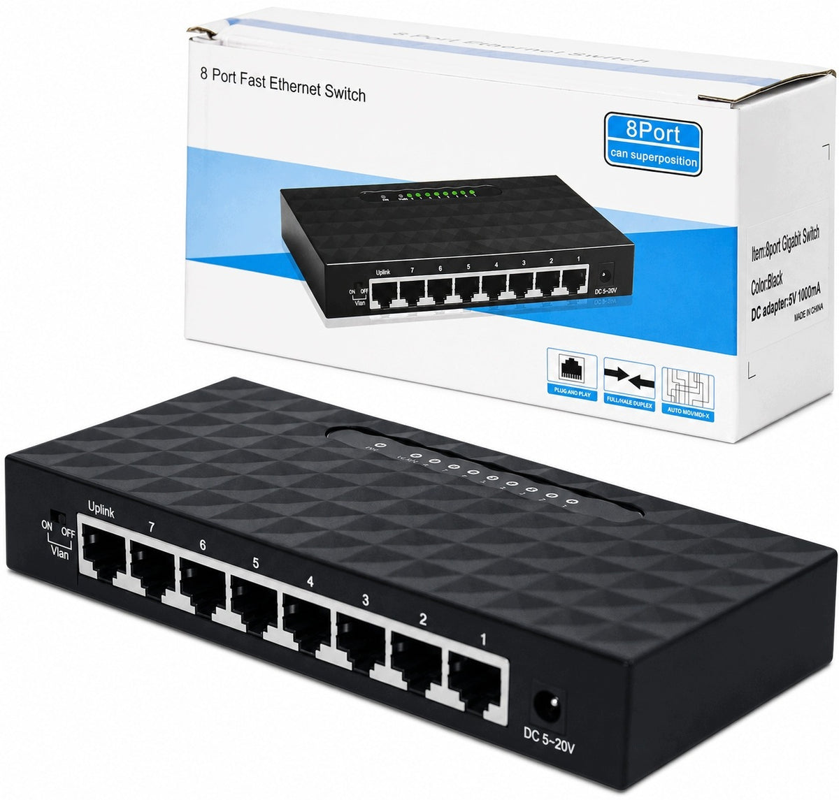 Switch splitter switch 8 port LAN Ethernet RJ45 8xRJ45 1000 Mbps