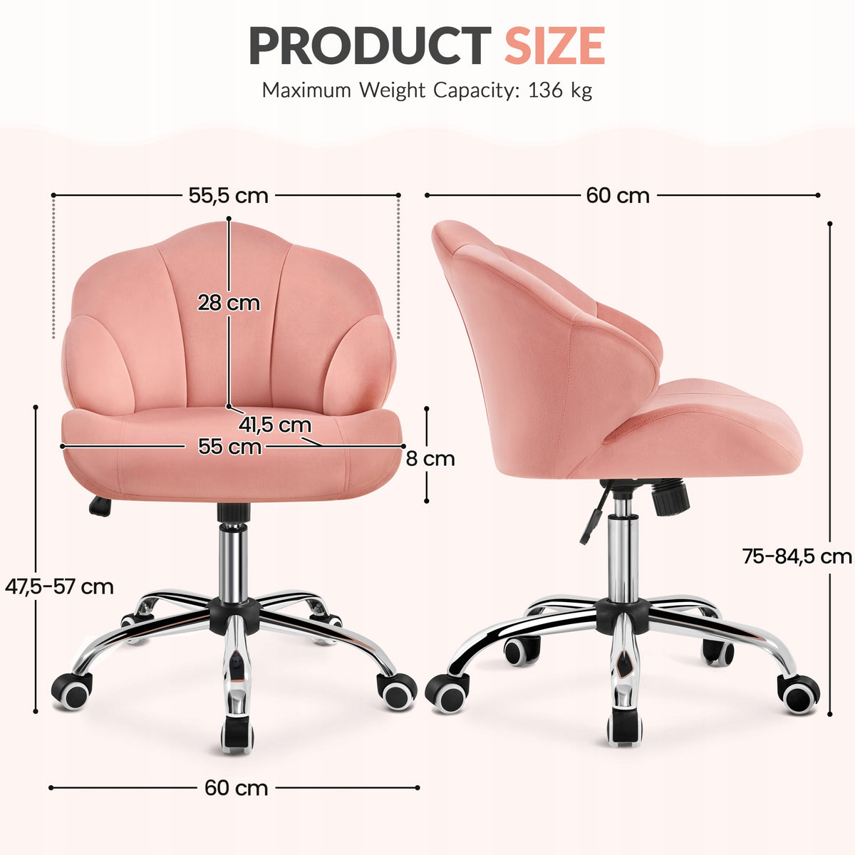 Swivel Chair, Ergonomic, Adjustable Height, Wheels, Pink Packaging status original