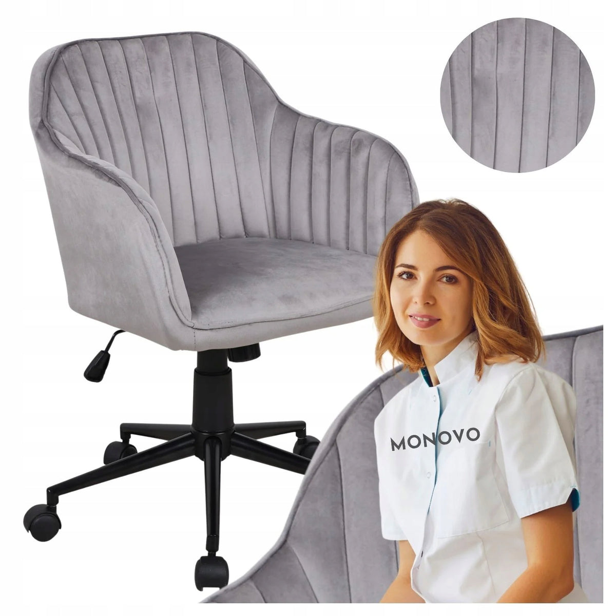 Swivel Chair Upholstered Bucket for Desk Velour Grey Velvet CELINE