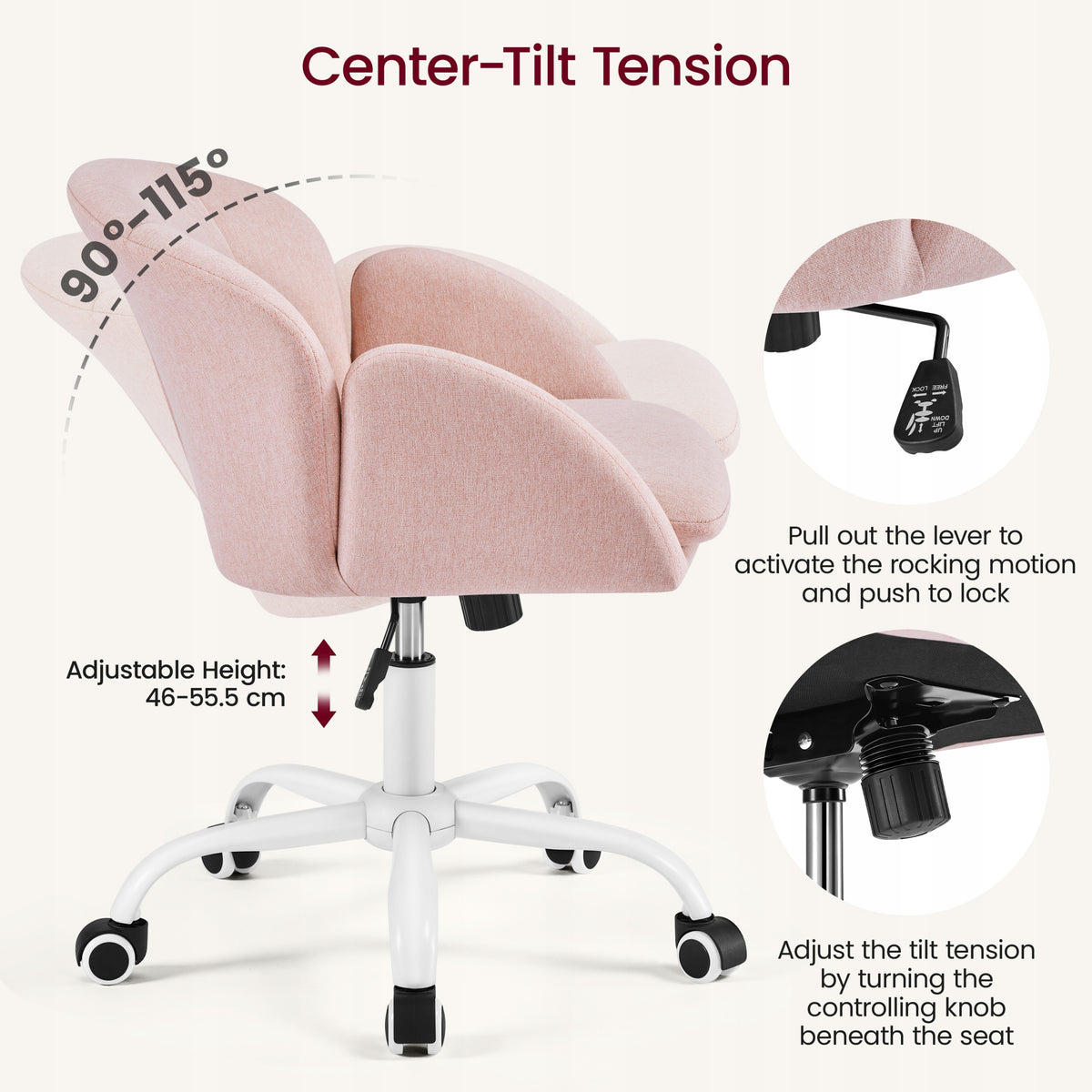 Swivel Office Chair on Wheels, Upholstered with Armrests, Pink Brand Yaheetech