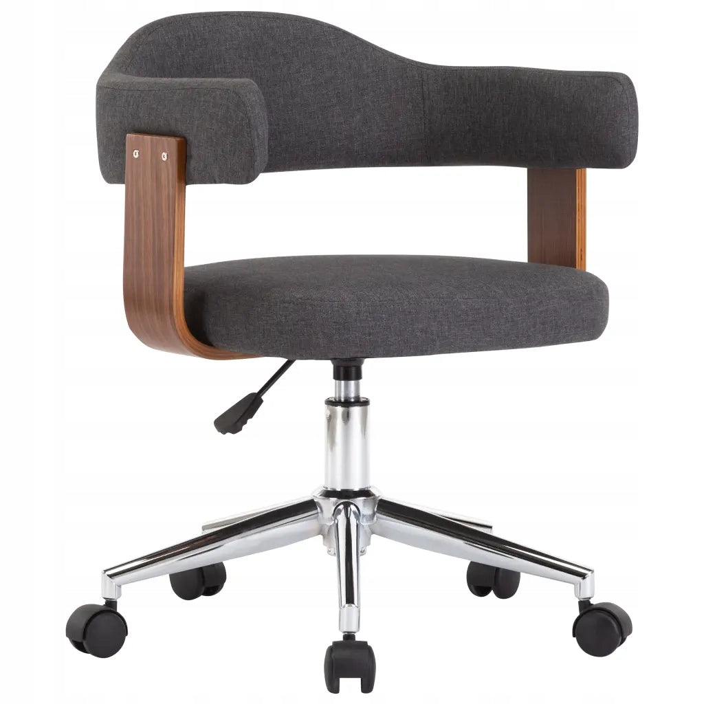 Swivel office chair, grey, bent wood and fabric