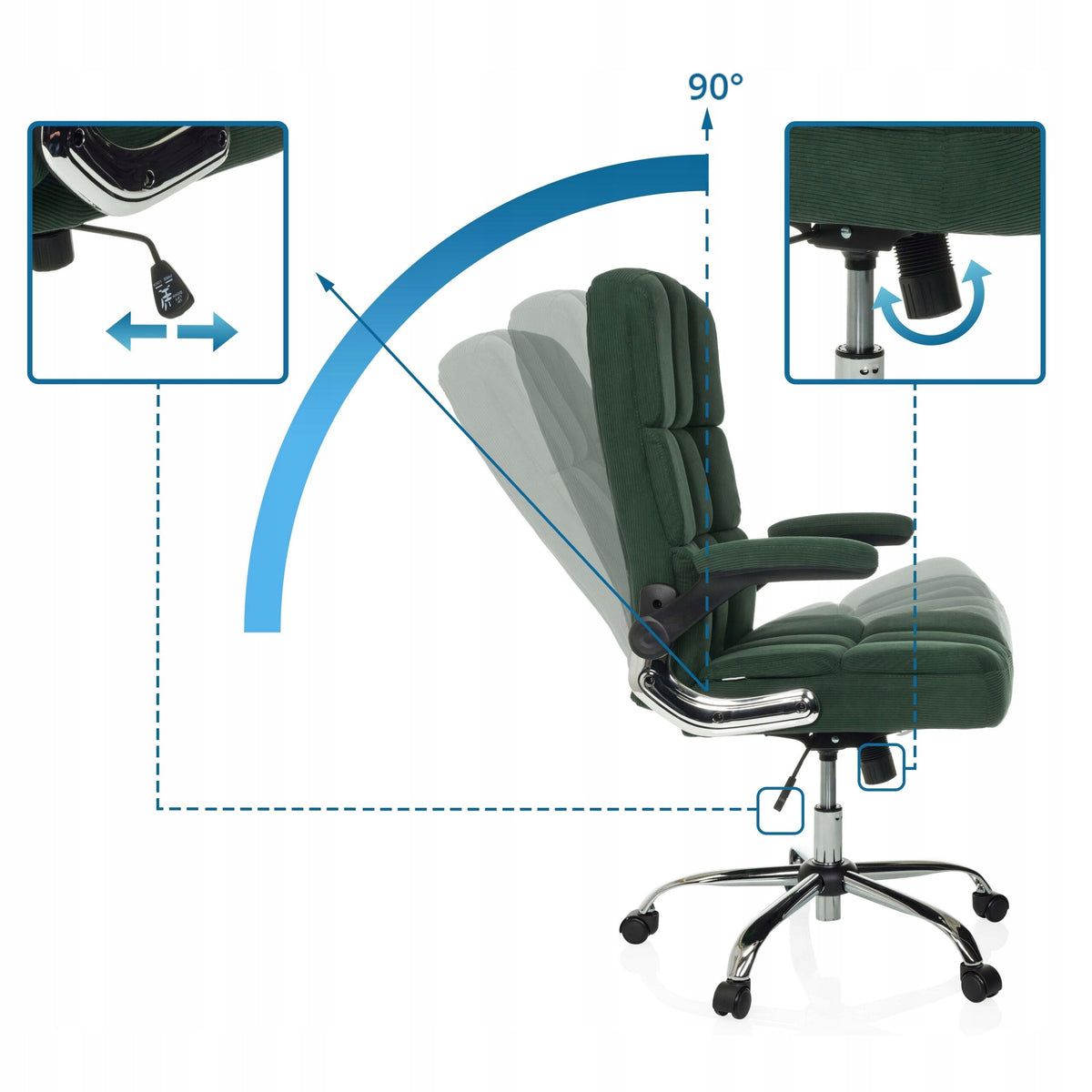 Swivel office chair with folding armrests, corduroy green Brand MyBuero