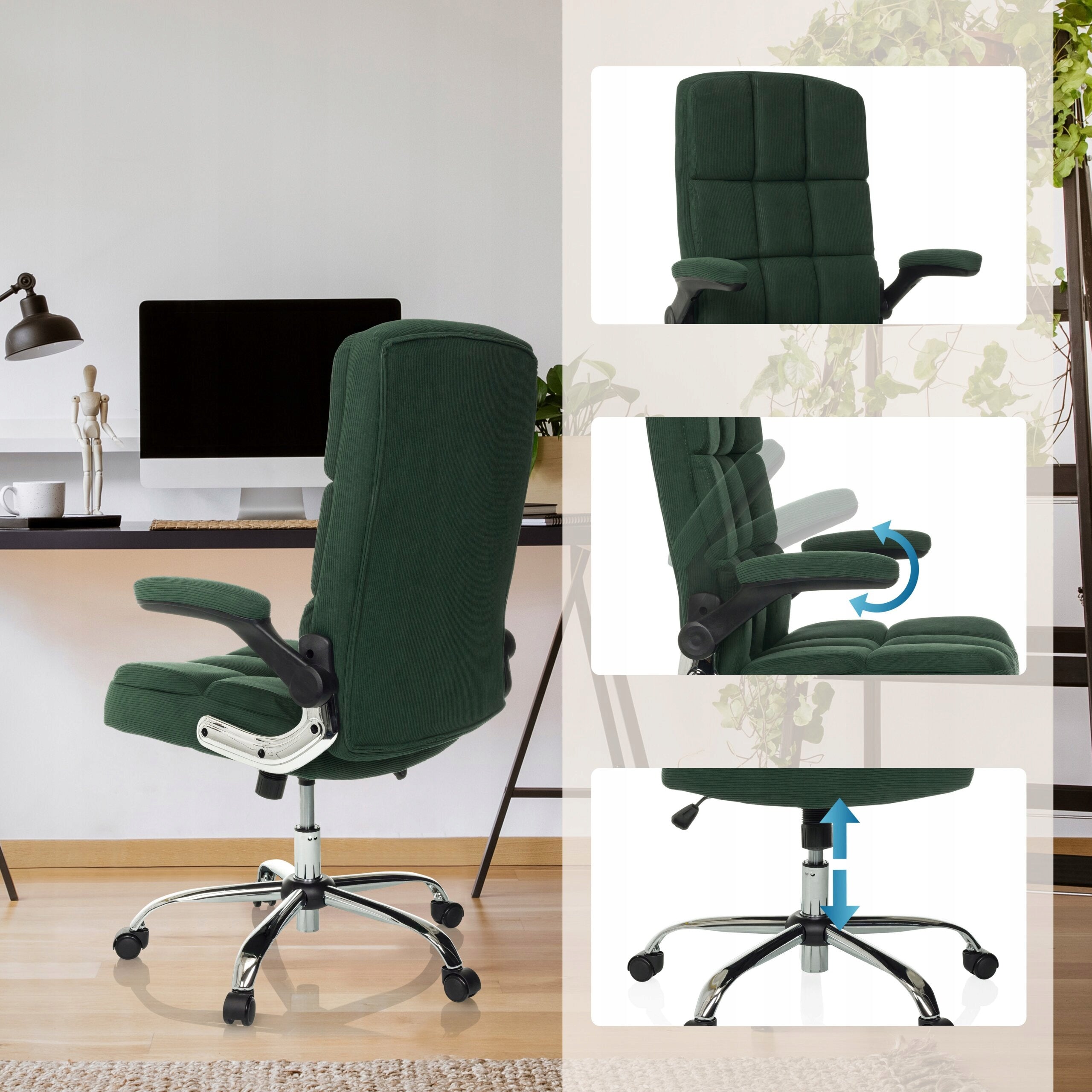 Swivel office chair with folding armrests, corduroy green Furniture depth 70 cm