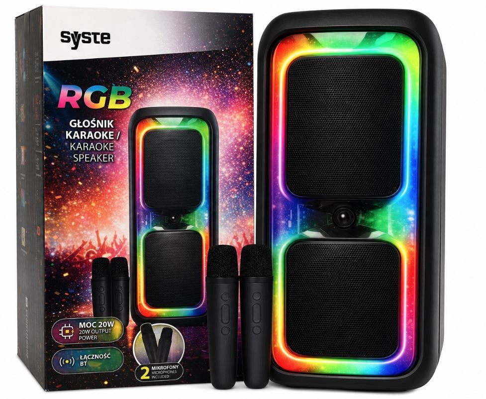 Syste RGB 20W BT Karaoke Speaker with 2 Microphones Portable Wireless