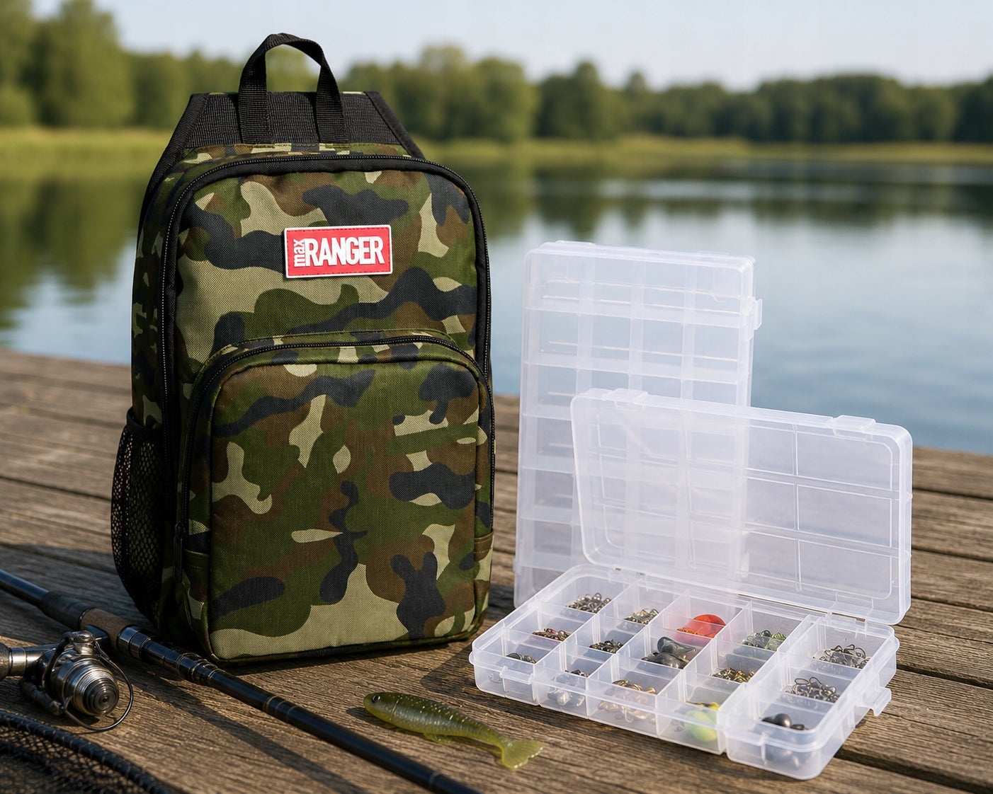 TACTICAL CAMO FISHING BACKPACK 2 ORGANIZERS BAIT BAG ACCESSORIES Manufacturer code plecak z akcesoriami na ryby