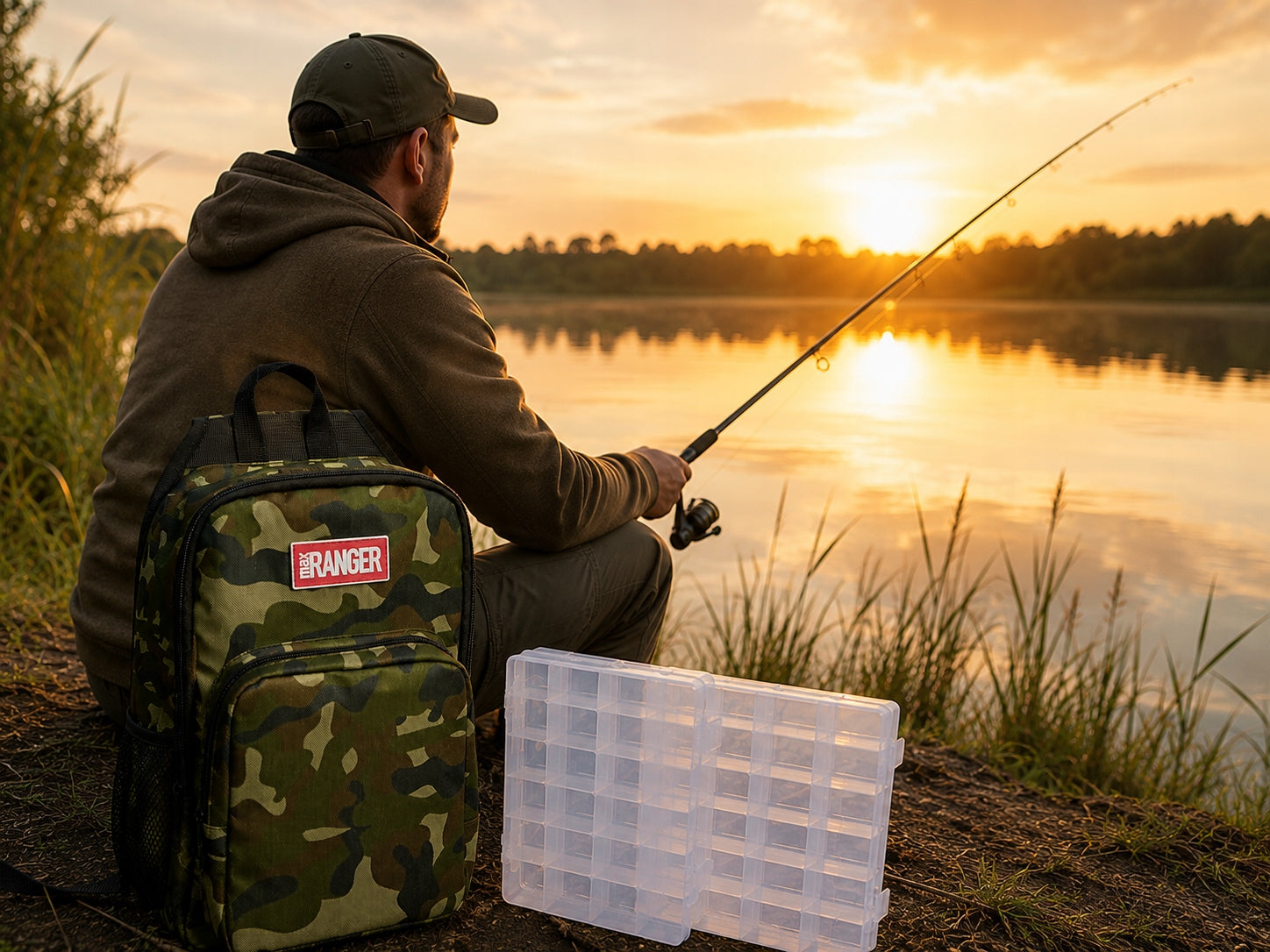 TACTICAL CAMO FISHING BACKPACK 2 ORGANIZERS BAIT BAG ACCESSORIES Packaging status original
