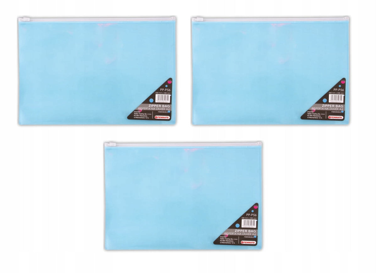 TADEO ZIPPER ENVELOPE FORMAT A4 BLUE SCHOOL OFFICE 3 PIECES