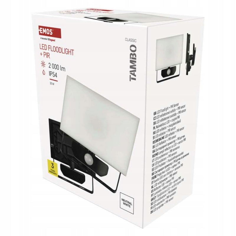 TAMBO LED floodlight with PIR sensor, 20 W, 2000 lm, black EMOS ZS2922