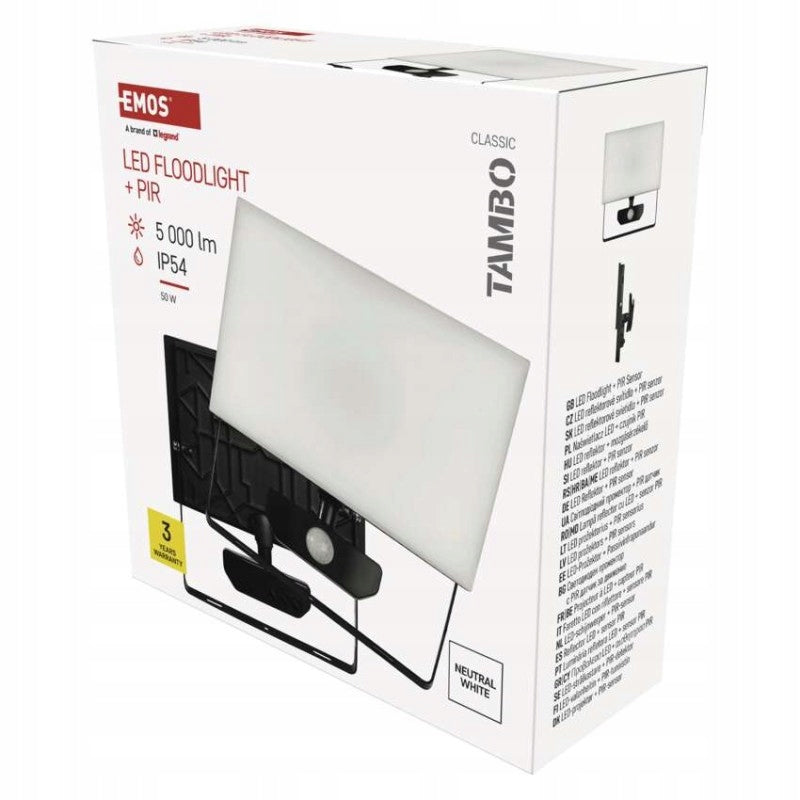 TAMBO LED floodlight with PIR sensor, 50 W, 5000 lm, black EMOS ZS2942