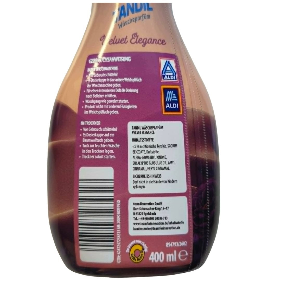 TANDIL VELVET ELEGANCE PERFUME SCENT FOR WASHING RINSES AND DRYERS 400ml Capacity 0.4 l