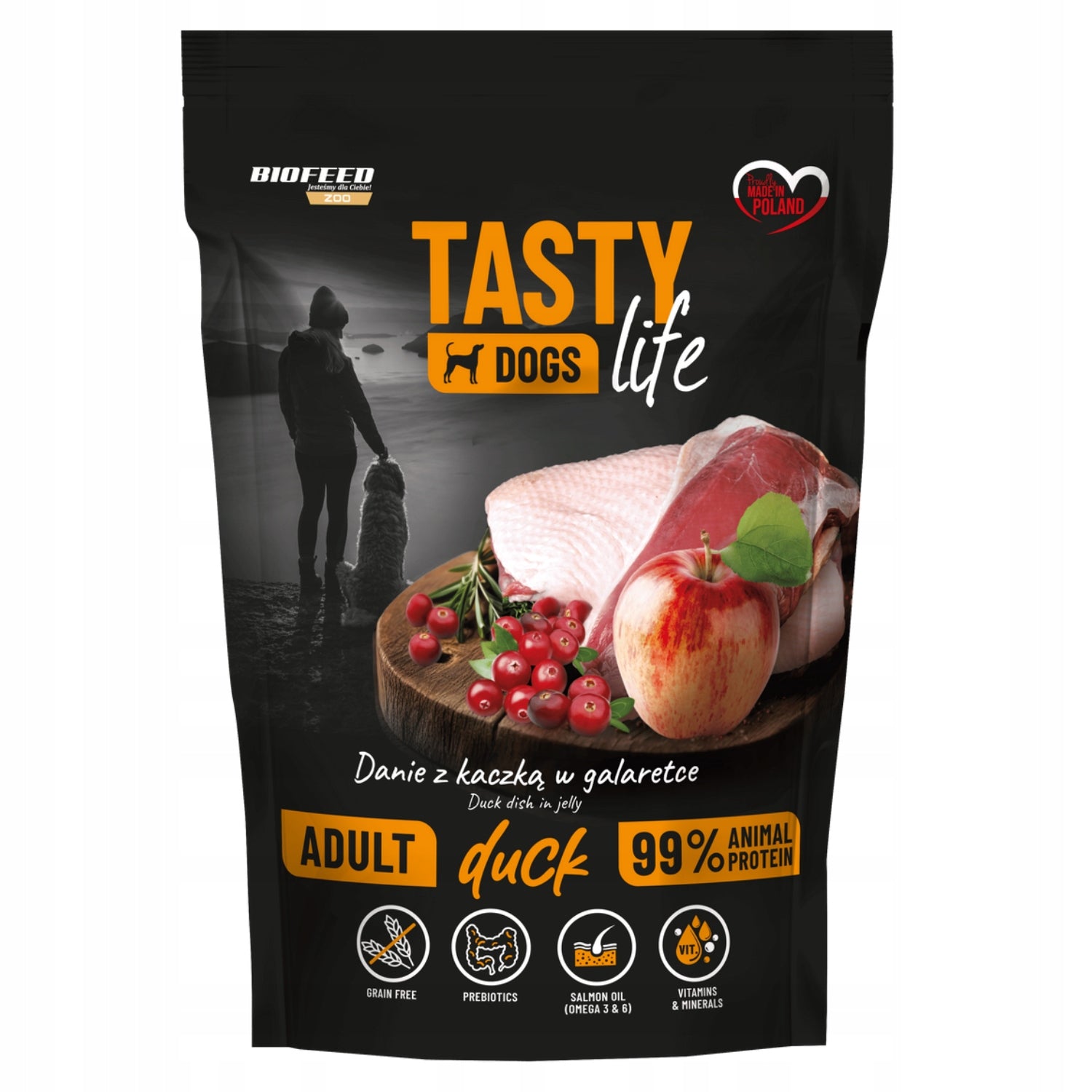 TASTY DOGS LIFE wet dog food with duck in jelly sachet 150g Packaging status original