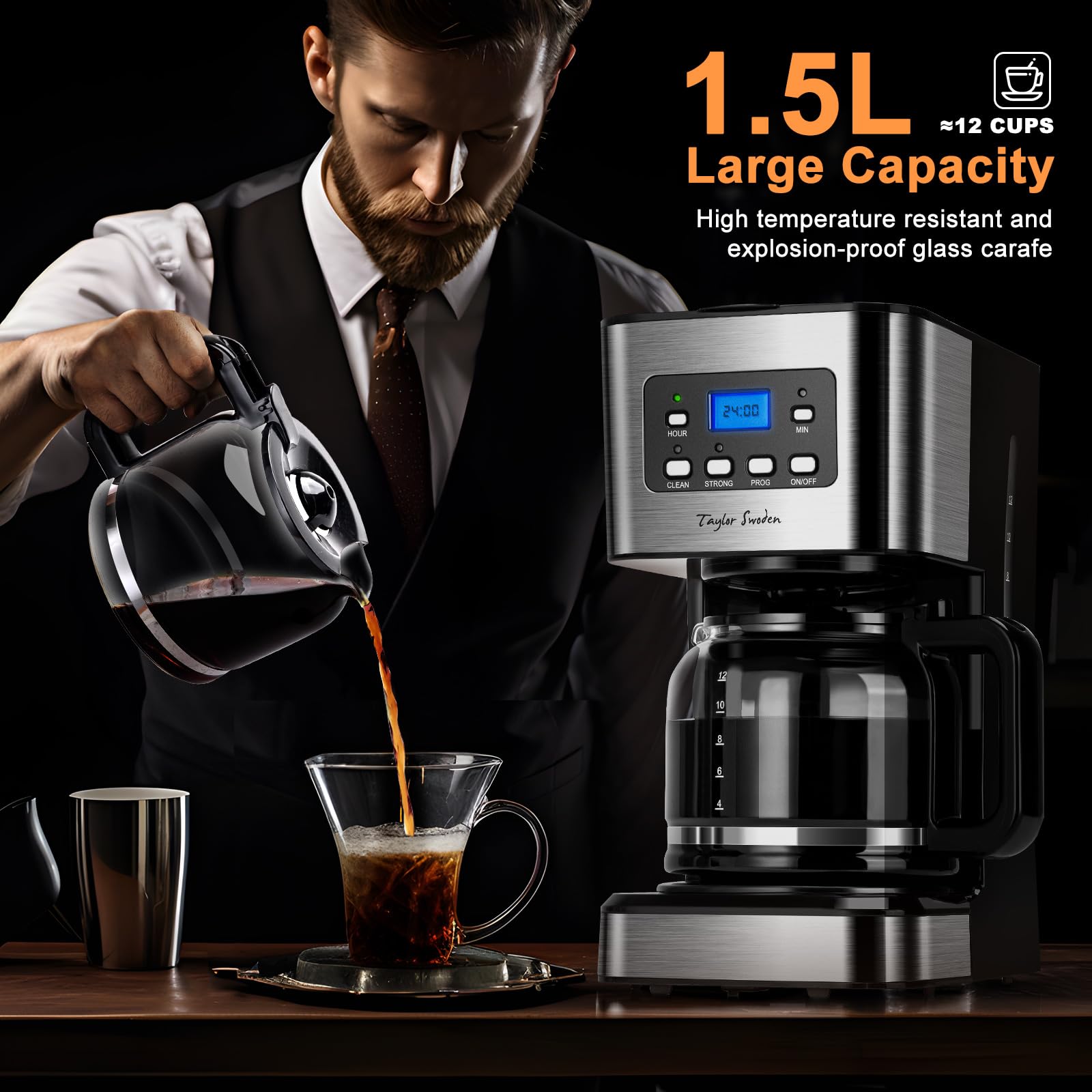 TAYLOR SWODEN Coffee Maker 950W 1.5L Timer 12 Cups Black Brand Taylor Swoden