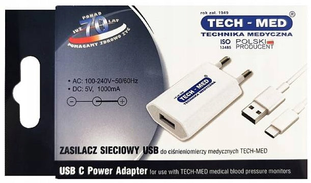 TECH-MED AC adapter with micro USB for blood pressure monitors 1 piece Packaging status original