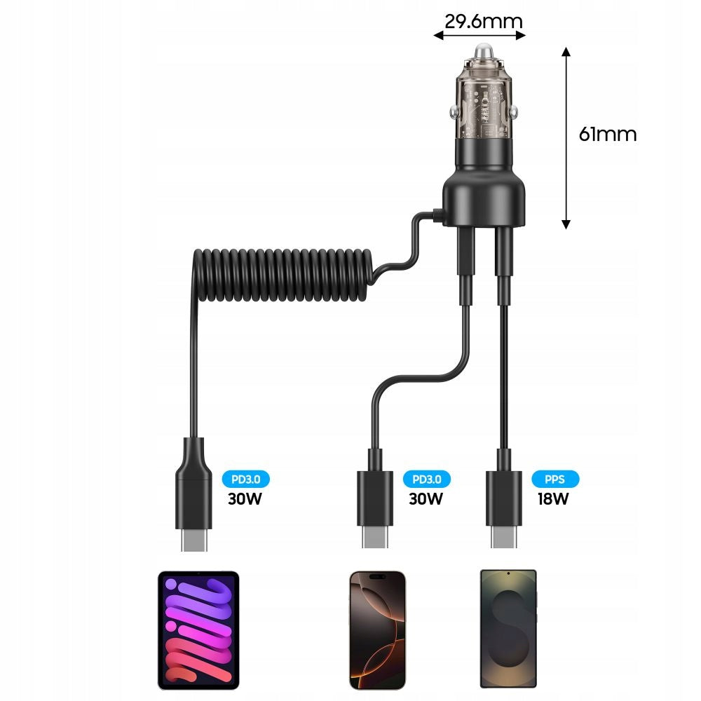 TECH-PROTECT CC05 2-PORT CAR CHARGER PD60W + CABLE BLACK Ports USB typ C USB