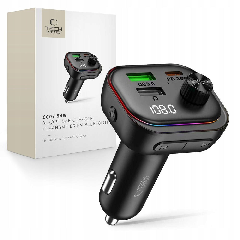 TECH-PROTECT CC07 3-PORT CAR CHARGER PD 54W + TRANSMITTER FM BLUETOOTH BLACK