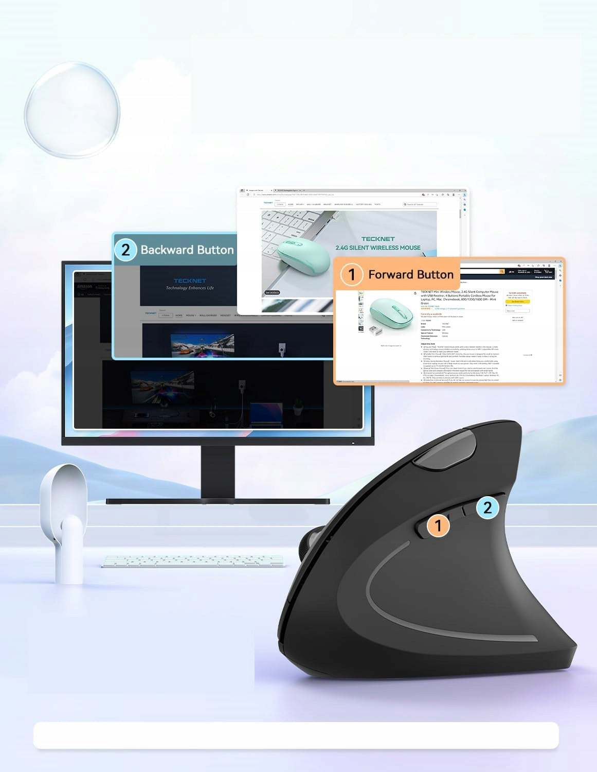 TECKNET MS007 Ergonomic Wireless Vertical Mouse 4800DPI Black Manufacturer code B00JJEC31C