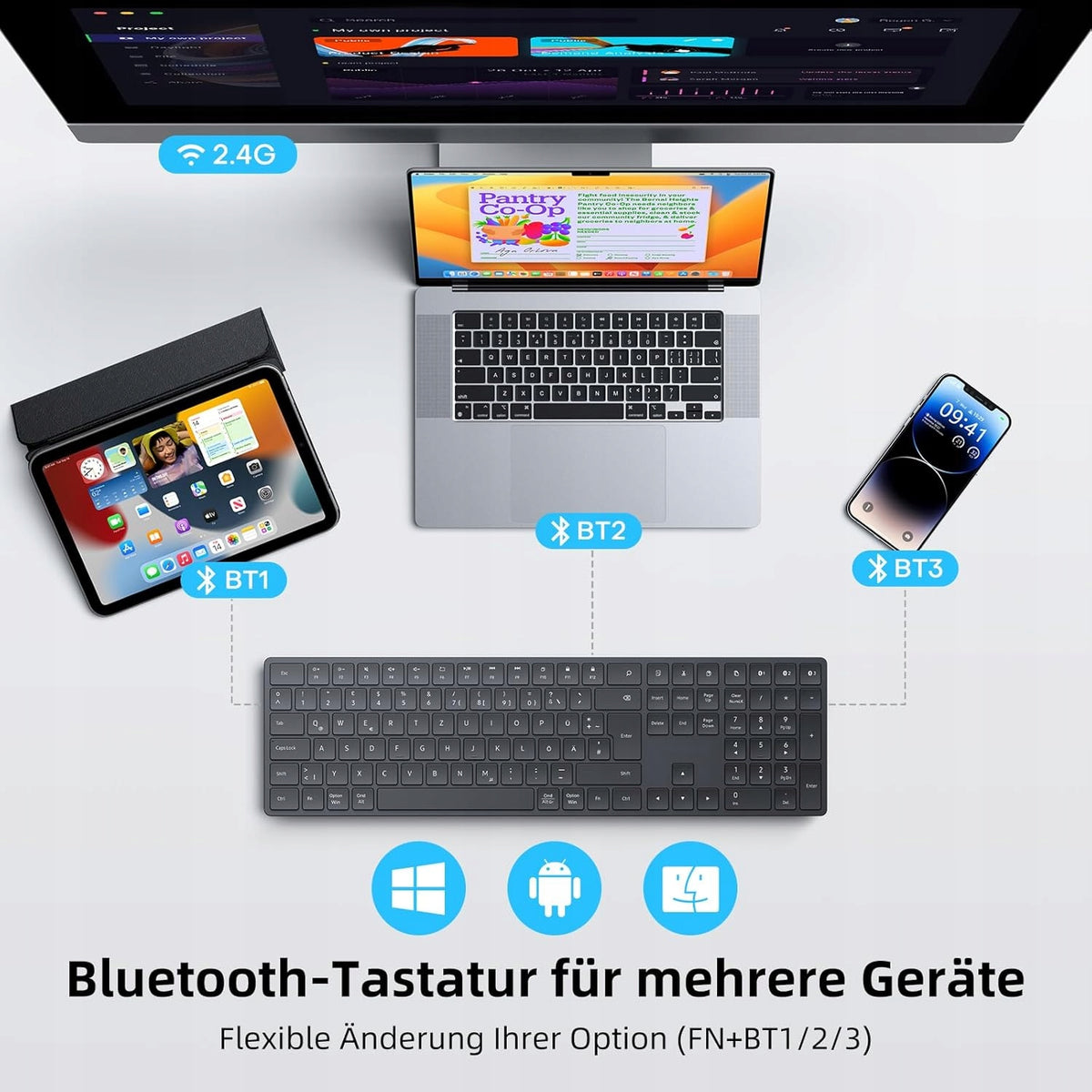 TECURS Wireless Bluetooth Keyboard, QWERTY USB 2.4G Keyboard Chip Manufacturer TECURS