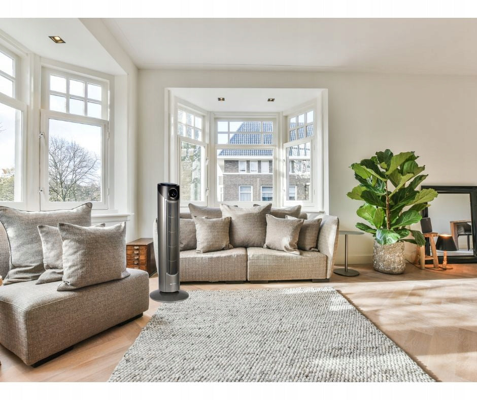 TECVANCE VERTICAL COLUMN FAN WITH REMOTE CONTROL OSCILLATION 3 TIMER MODES Dominant color silver/gray