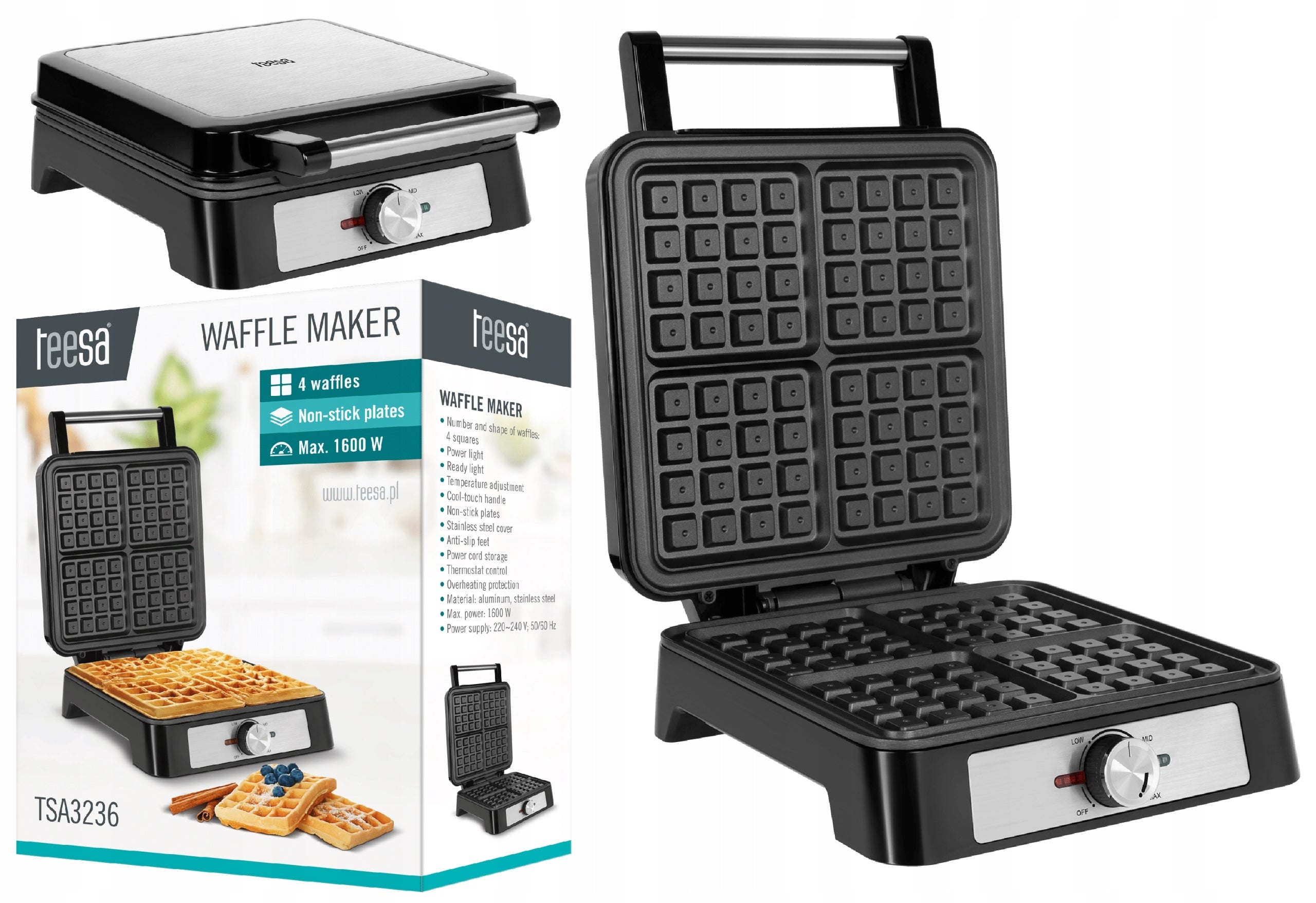 TEESA WAFFLE MAKER 4 WAFFLES POWER REGULATION FAST HEATING STRONG 1600W