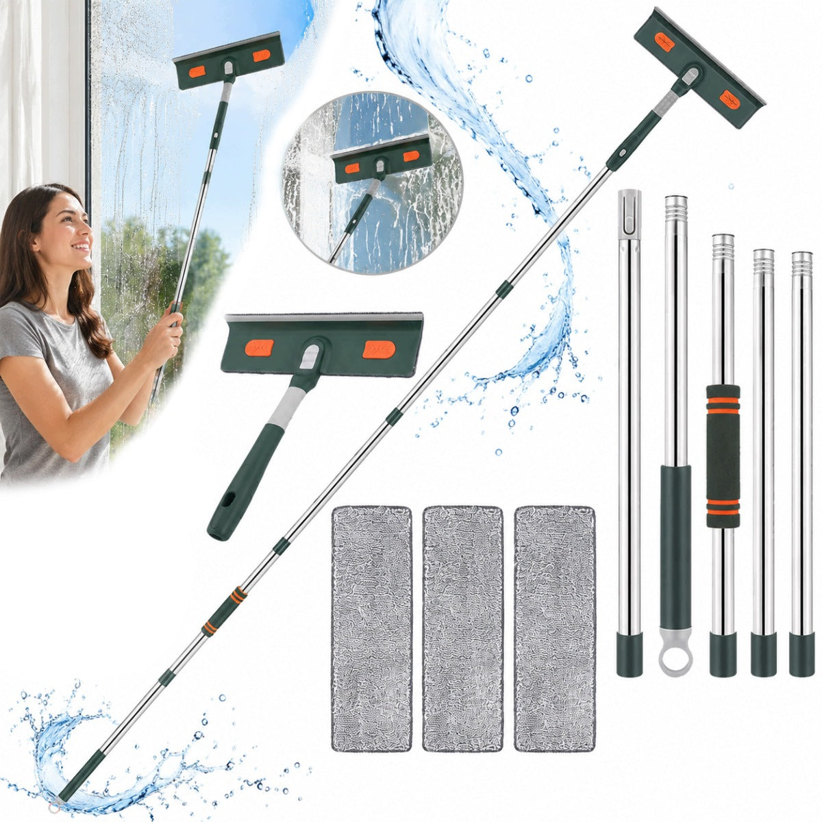 TELESCOPIC WINDOW WASHER 2.06M 3IN1- STREAK PULLER+MICROFIBER WITHOUT LADDER