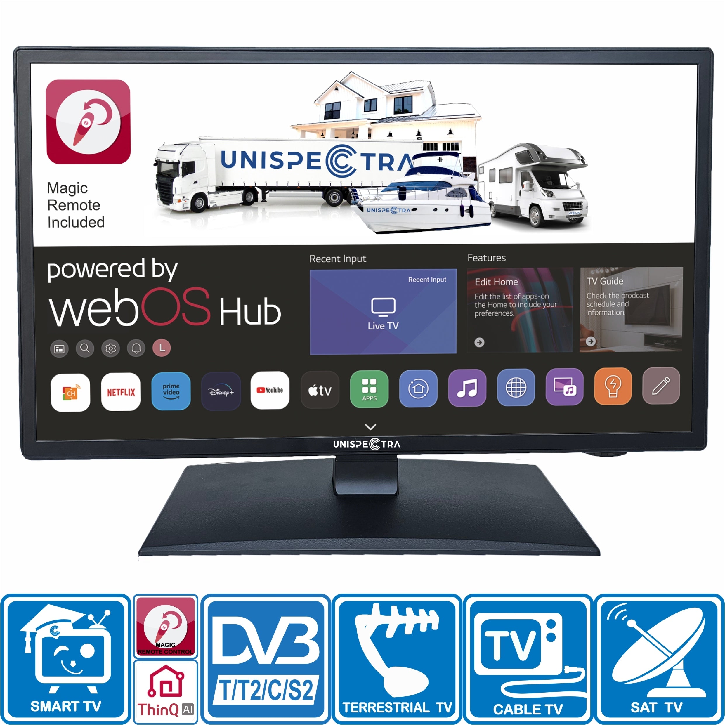 TELEWIZOR 22" Unispectra Smart(WebOS) TV 12v/240v S2/T2/C Magic Remote Packaging status original