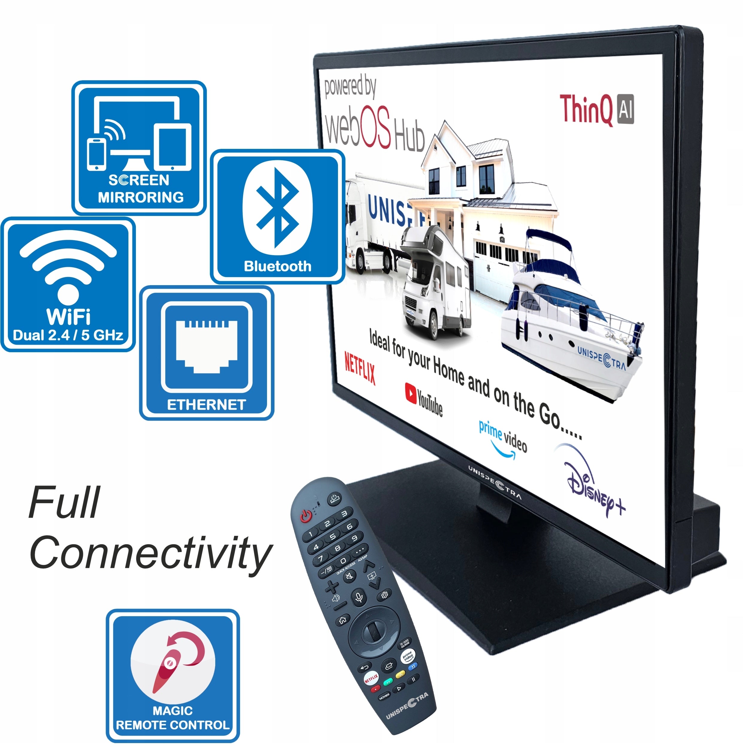 TELEWIZOR ELED TV 19" Unispectra Smart(WebOS) 12v/240v S2/T2/C Magic Remote Packaging status original