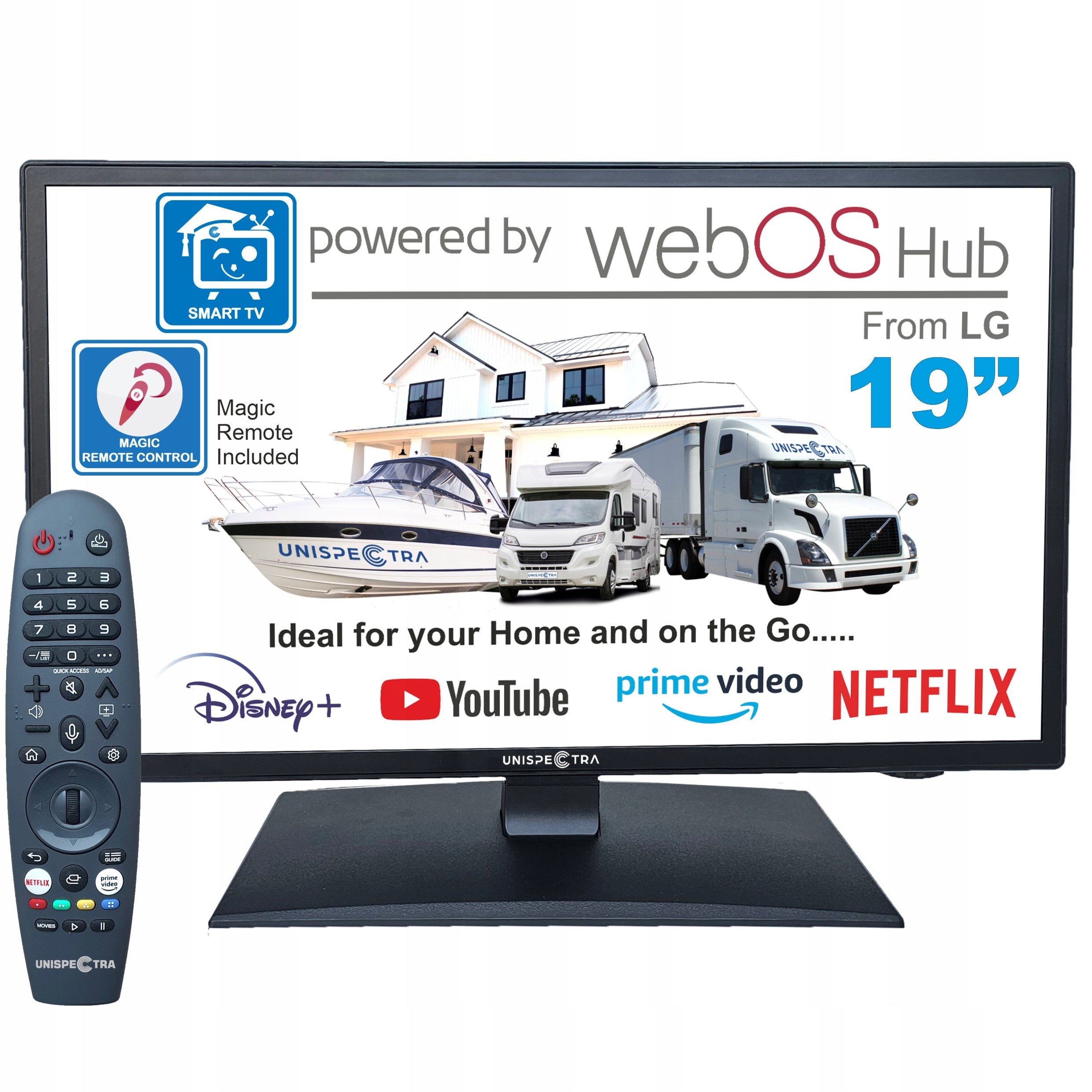 TELEWIZOR ELED TV 19" Unispectra Smart(WebOS) 12v/240v S2/T2/C Magic Remote
