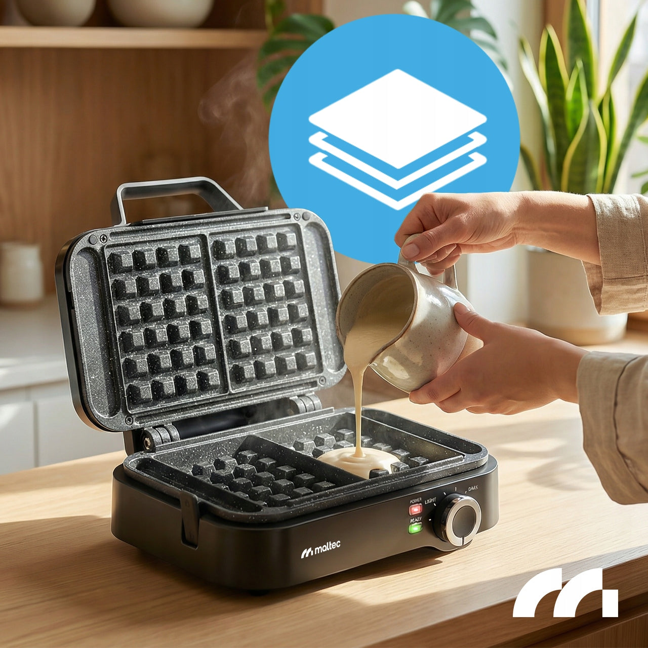 TEMPERATURE CONTROLLED WAFFLE IRON MARBLE COATING FOR 2 LARGE WAFFLES 1200W Packaging status original