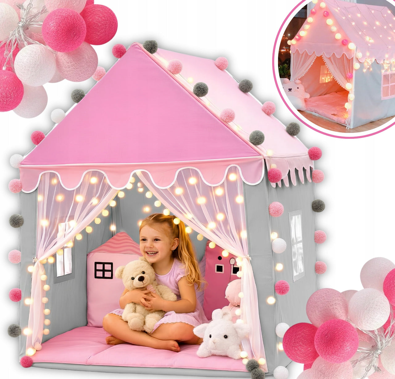 TENT FOR CHILDREN PALACE TIPI COTTAGE FOR GARDEN ROOM PINK + LED LAMPS LARGE