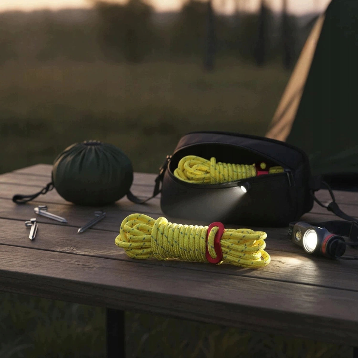 TENT ROPE 5MM YELLOW WITH REFLECTOR 4M 8 PCS TENSIONERS COVER Packaging status original
